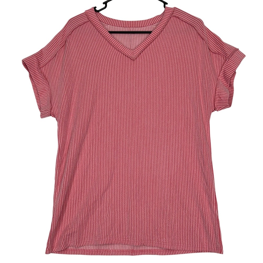 Kohl's Pink Short-Sleeved V-Neck Ribbed Top Reverse‎ Seam Accents Women's L NWT